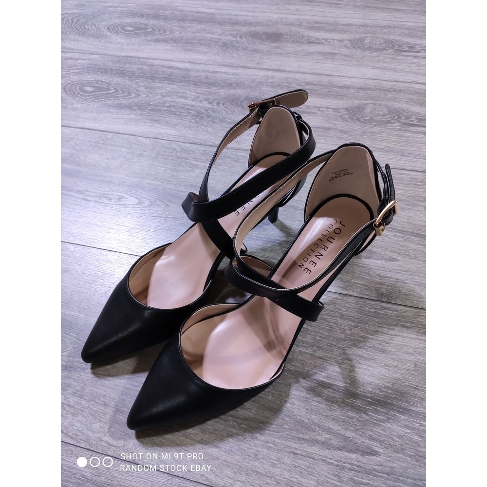 Journee Collection Riva Black Pointed Toe Multi Strap Kitten Heel Pumps Size 11
